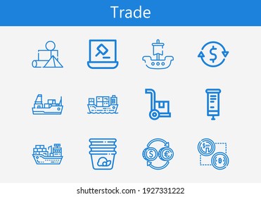 Premium set of trade line icons. Simple trade icon pack. Stroke vector illustration on a white background. Modern outline style icons collection of Cargo ship, Cargo, Roll up