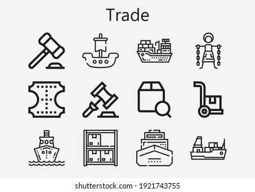 Premium set of trade [S] icons. Simple trade icon pack. Stroke vector illustration on a white background. Modern outline style icons collection of Slavery, Cargo ship, Cargo, Auction, Leather