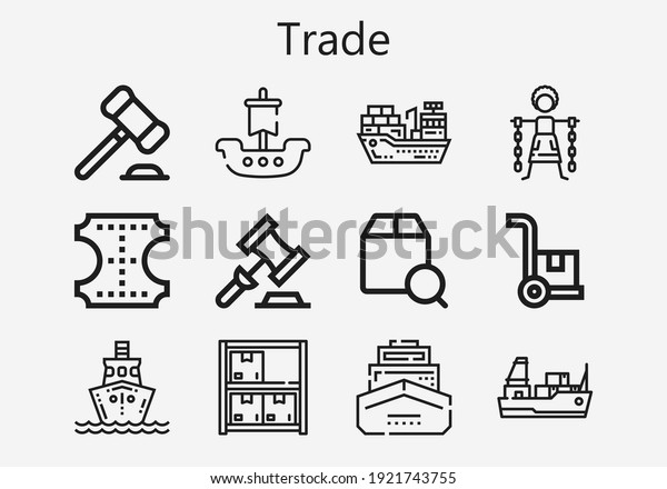 Premium set of trade [S] icons. Simple trade icon\
pack. Stroke vector illustration on a white background. Modern\
outline style icons collection of Slavery, Cargo ship, Cargo,\
Auction, Leather