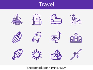Premium set of travel line icons. Simple travel icon pack. Stroke vector illustration on a white background. Modern outline style icons collection of Backpack, Seashell, Sailing boat, Climbing