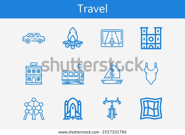 Premium set of travel\
line icons. Simple travel icon pack. Stroke vector illustration on\
a white background. Modern outline style icons collection of Bus,\
Bonfire, Car