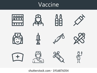 Premium set of vaccine line icons. Simple vaccine icon pack. Stroke vector illustration on a white background. Modern outline style icons collection of Needle, Syringe, Nurse