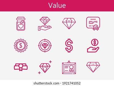 Premium set of value line icons. Simple value icon pack. Stroke vector illustration on a white background. Modern outline style icons collection of Diploma, Nutrition, Dollar, Diamond
