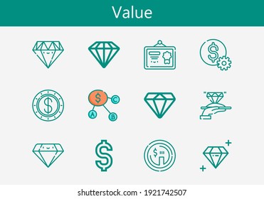 Juego premium de iconos de línea de valor. Paquete de iconos de valor simple. Ilustración vectorial de trazo sobre un fondo blanco. Moderna colección de iconos de estilo de contorno de Diploma, Dólar, Diamante