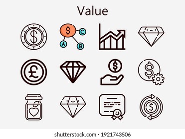 Premium set of value [S] icons. Simple value icon pack. Stroke vector illustration on a white background. Modern outline style icons collection of Diploma, Dollar, Nutrition, Pound, Increase