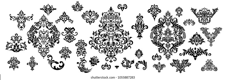 Premium Set vintage baroque frame scroll ornament engraving border floral retro pattern antique style acanthus foliage swirl decorative design element filigree calligraphy - vector