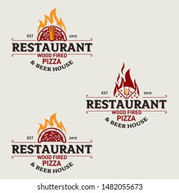 A premium set of vintage-style vector logos for a pizza and beer restaurant. The design features a pizza slice topped with a beer glass, surrounded by roaring orange and red flames to symbolize wood-fired traditional cooking. This rustic emblem is perfect for pizzerias, craft beer houses, bars, Italian restaurants, and food delivery services looking for a classic and appetizing brand identity.
