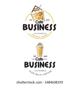 A premium set of vintage-style vector logos for a Vietnamese coffee business. The design features a classic glass of iced milk coffee with a traditional drip filter (Phin) on top, surrounded by ice cubes and splashes. This stylish circular emblem is perfect for specialty coffee shops, Asian cafes, street food stalls, beverage brands, and menus looking for an authentic and appetizing visual identity.