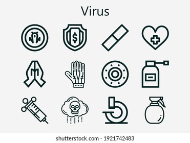 Premium set of virus [S] icons. Simple virus icon pack. Stroke vector illustration on a white background. Modern outline style icons collection of Microscope, Shield, Gloves, Syringe, Spray