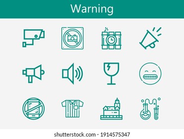 Premium set of warning line icons. Simple warning icon pack. Stroke vector illustration on a white background. Modern outline style icons collection of Chemistry, Megaphone, Fragile, No phones