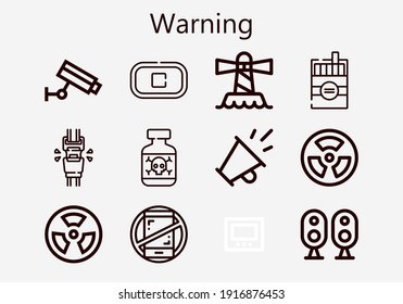 Premium set of warning [S] icons. Simple warning icon pack. Stroke vector illustration on a white background. Modern outline style icons collection of Cigarette, Scanner, Posion, No phones, Stop