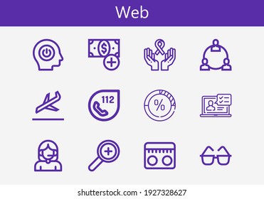 Premium-Set von Web-Line-Symbolen. Einfaches Web-Icon-Paket. Schlagt Vektorgrafik auf weißem Hintergrund. Kollektion moderner Kontursymbole mit Add, Add button, Laptop