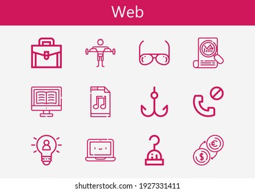 Premium set of web line icons. Simple web icon pack. Stroke vector illustration on a white background. Modern outline style icons collection of Hook, Money, Laptop, Music file
