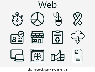 Premium set of web [S] icons. Simple web icon pack. Stroke vector illustration on a white background. Modern outline style icons collection of Responsive, Like, Mouse, Stop watch, Ribbon, Pie chart