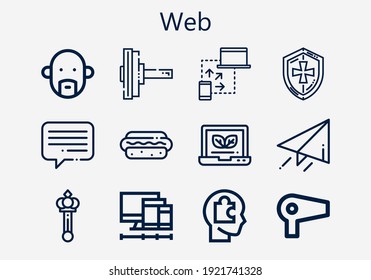 Premium set of web [S] icons. Simple web icon pack. Stroke vector illustration on a white background. Modern outline style icons collection of Hotdog, Laptop, Head, Hair dryer, Shield, Dumbbell