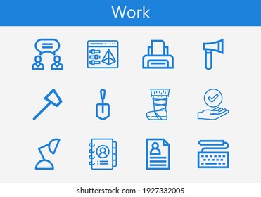 Premium set of work line icons. Simple work icon pack. Stroke vector illustration on a white background. Modern outline style icons collection of Agreement, CV, Shovel