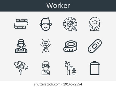 Premium set of worker line icons. Simple worker icon pack. Stroke vector illustration on a white background. Modern outline style icons collection of Garbage, Receptionist, Helmet, Measuring tape