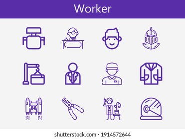 Premium set of worker line icons. Simple worker icon pack. Stroke vector illustration on a white background. Modern outline style icons collection of Receptionist, Lab coat, Plier, Helmet