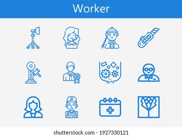 Premium set of worker line icons. Simple worker icon pack. Stroke vector illustration on a white background. Modern outline style icons collection of Call center, Hammer