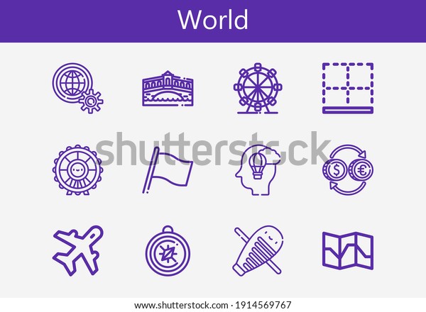 Premium set of world line icons. Simple world icon\
pack. Stroke vector illustration on a white background. Modern\
outline style icons collection of Aviation, Imagination, Guiro,\
Currency, Bottom