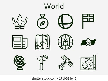 Juego premium de iconos de mundo [S]. Paquete de iconos de mundo simple. Ilustración vectorial de trazo sobre un fondo blanco. Moderna colección de íconos de estilo de contorno de la cuadrícula de la Tierra, donación de sangre, noticias, satélite