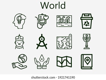 Juego premium de iconos de mundo [S]. Paquete de iconos de mundo simple. Ilustración vectorial de trazo sobre un fondo blanco. Moderno esquema estilo iconos colección de Ecologismo, Rey momo, Imaginación, donación de sangre