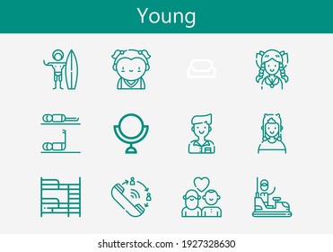 Juego premium de iconos de línea joven. Simple paquete de iconos jóvenes. Ilustración vectorial de trazo sobre un fondo blanco. Moderna colección de iconos de estilo de contorno del coche Sofa, Couple, Bumper
