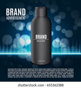 Premium shampoo ads. Realistic cosmetic bottle for shampoo, lotion or foam on a blue glitter background. Premium cosmetic design for ads or magazine. 3d illustration. EPS10 vector