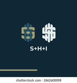Premium s,h,i,sh,hi, initial letter monogram vintage style with grey,brown and blue color on dark blue background
