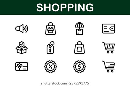 Premium Shopping Icons. Editable and Clean Designs for Retail, Online Shopping, Cart, Payment, and Delivery Services in Flat and Line Styles.