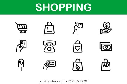 Premium Shopping Icons. Editable and Clean Designs for Retail, Online Shopping, Cart, Payment, and Delivery Services in Flat and Line Styles.