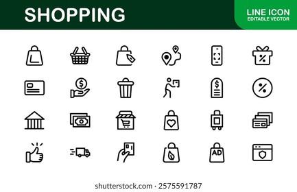 Premium Shopping Icons. Editable and Clean Designs for Retail, Online Shopping, Cart, Payment, and Delivery Services in Flat and Line Styles.