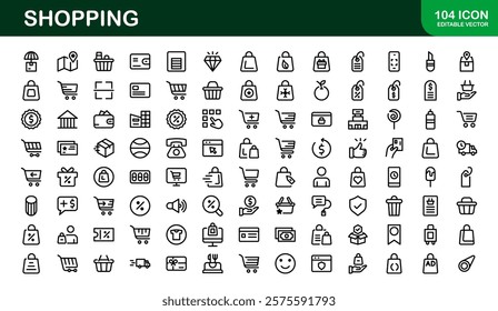 Premium Shopping Icons. Editable and Clean Designs for Retail, Online Shopping, Cart, Payment, and Delivery Services in Flat and Line Styles.