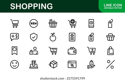 Premium Shopping Icons. Editable and Clean Designs for Retail, Online Shopping, Cart, Payment, and Delivery Services in Flat and Line Styles.
