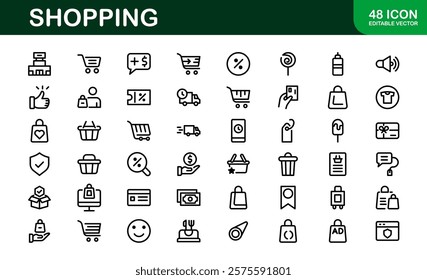 Premium Shopping Icons. Editable and Clean Designs for Retail, Online Shopping, Cart, Payment, and Delivery Services in Flat and Line Styles.