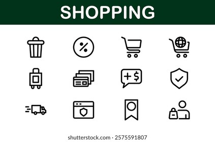 Premium Shopping Icons. Editable and Clean Designs for Retail, Online Shopping, Cart, Payment, and Delivery Services in Flat and Line Styles.