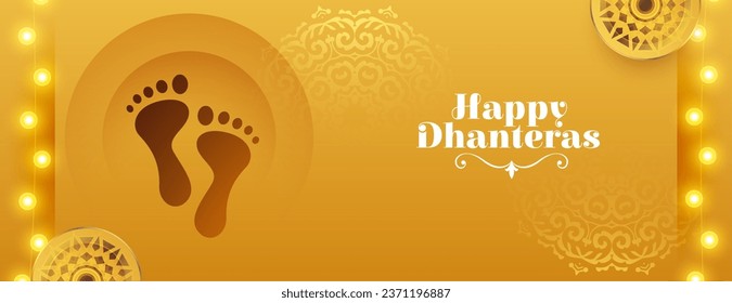 premium shubh dhanteras wishes poster with goddess charan for blessing vector. Translation: Happy Dhanteras, dhan means wealth teras means thirteen