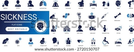 Premium sickness and illness solid icon set featuring medical symptoms, disease, hospital, and patient care. High-quality editable vector elements for healthcare apps and medical websites