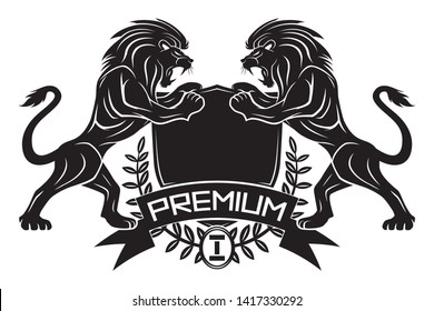 Premium sign with lions and shield on white background.