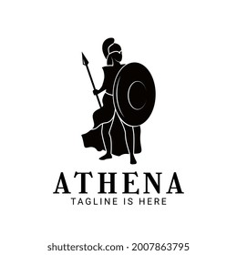 Premium Silhouette Of Athena The Goddess With Shield And Spear, The Beauty Greek Roman Goddess Logo Template Vector Illustration