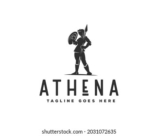 Premium Silhouette of Athena the goddess with shield and spear, the beauty Greek Roman Goddess Logo template