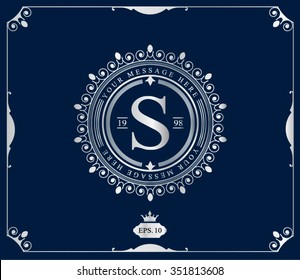 Premium silver frame. Elegant logo. Royal flourishes calligraphic. Luxury ornament lines. Vector. S monogram.