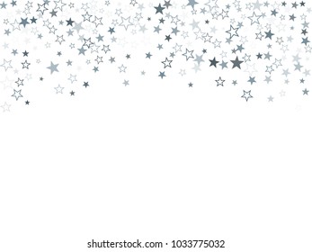 Premium silver glitter falling stars vector template for birthday party, wedding invitation card, flyer, voucher, holiday banner.  Silver sparkle stars confetti glitter on white background.