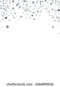 Premium silver glitter falling stars vector template for birthday party, wedding invitation card, flyer, voucher, holiday banner.  Silver sparkle stars party confetti glitter on white background.
