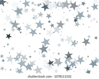 Premium silver glitter falling stars vector template for birthday party, wedding invitation card, flyer, voucher, holiday banner.  Silver sparkle stars grey confetti glitter on white.