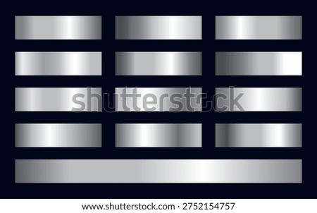 Premium silver metallic gradient collection featuring chrome, steel, aluminum and polished metal textures. This elegant vector set includes smooth gradient swatches, shiny silver surfaces, brushed metal effects and reflective chrome finishes.