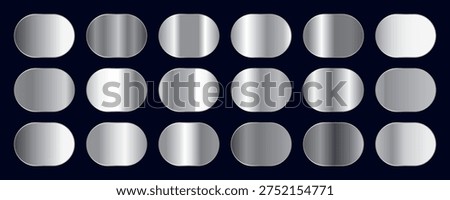 Premium silver metallic gradient collection featuring chrome, steel, aluminum and polished metal textures. This elegant vector set includes smooth gradient swatches, shiny silver surfaces, brushed metal effects and reflective chrome finishes.