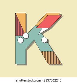 Premium simple alphabet design of letter -K- with memphis style about triangle, rectangle, circle, dots, and lines.