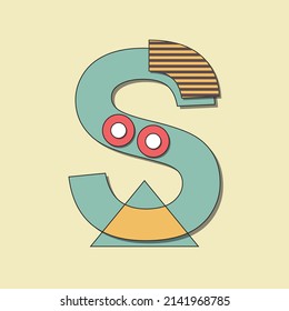 Premium simple alphabet design of letter -S- with memphis style about triangle, rectangle, circle, dots, and lines.
