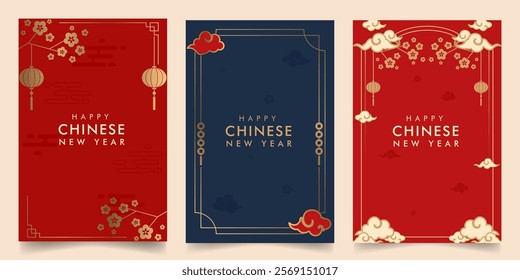 Premium simple Chinese lunar new year graphic design in red, gold and blue set. For festival, poster, greeting, invitation